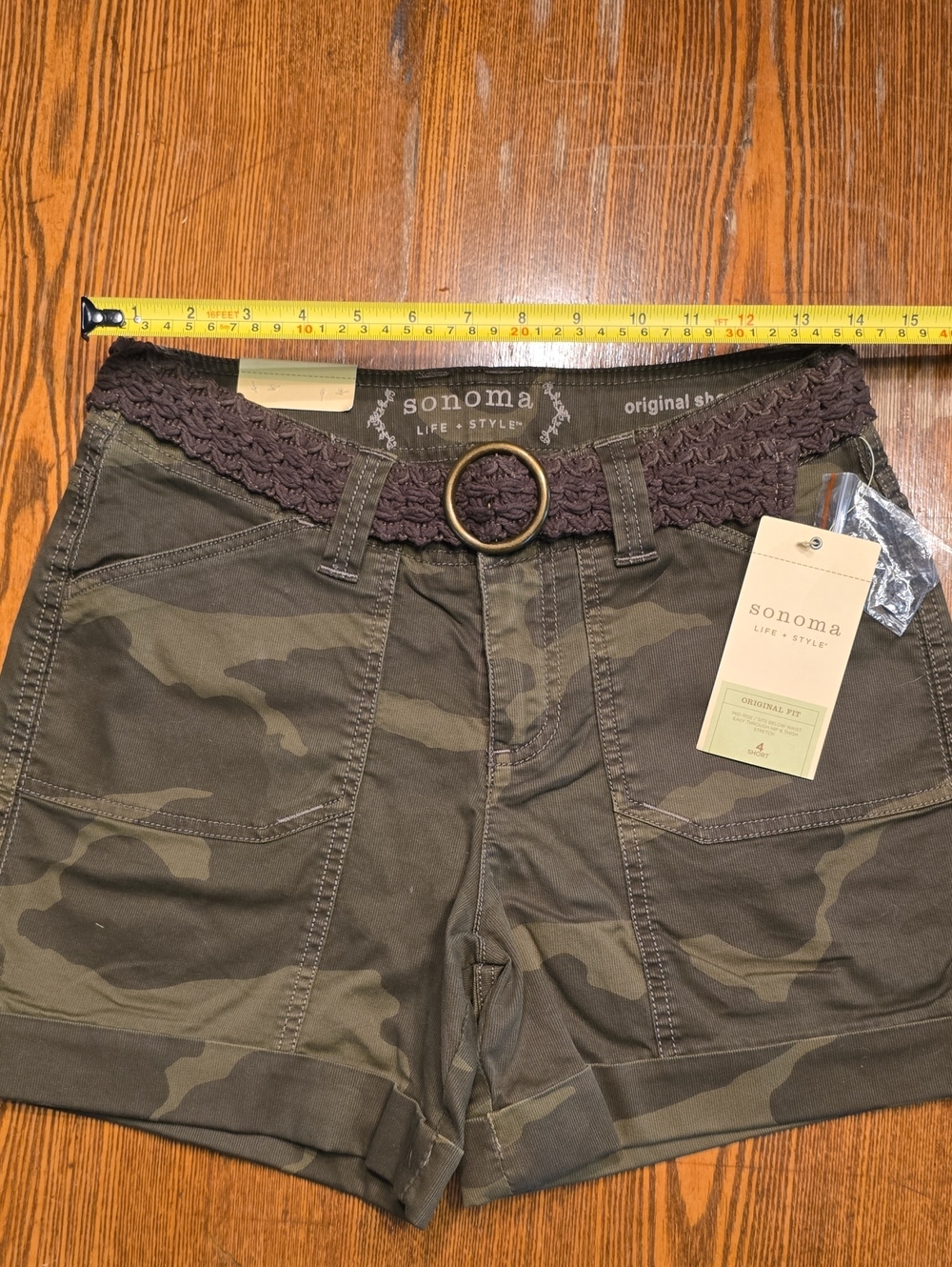 Sonoma Olive Camo Shorts with Braided Brown Belt